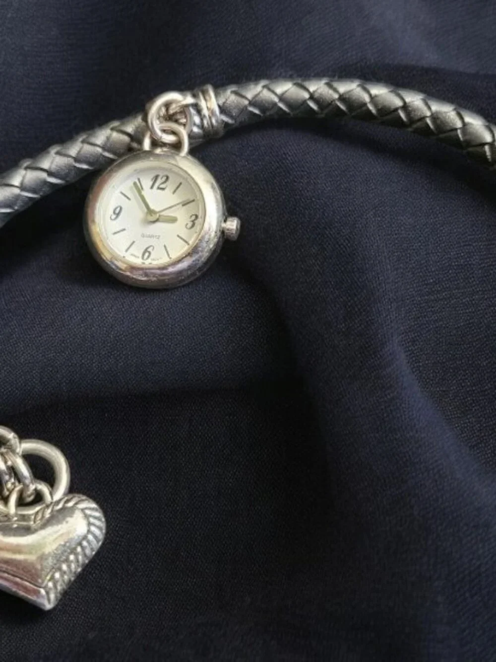 Black Braided Leather Band Silvertone Heart Charm Ladies Quartz Watch